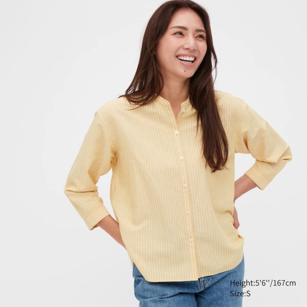 UNIQLO Yellow Linen-Blend Band Collar 3/4 Sleeve Shirt - Size Small - EUC